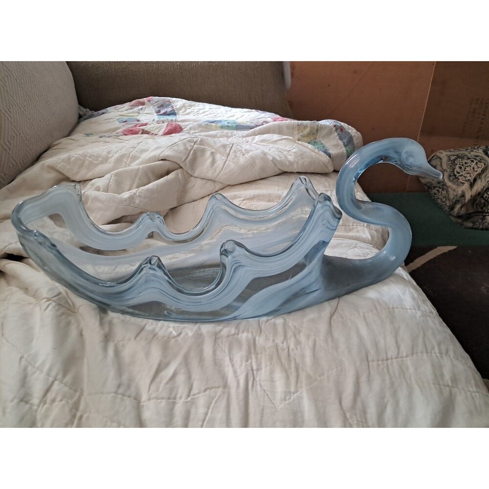 1970s Large Blue Hand-Blown Sooner Swan Slag Art Glass Large Decor Bowl